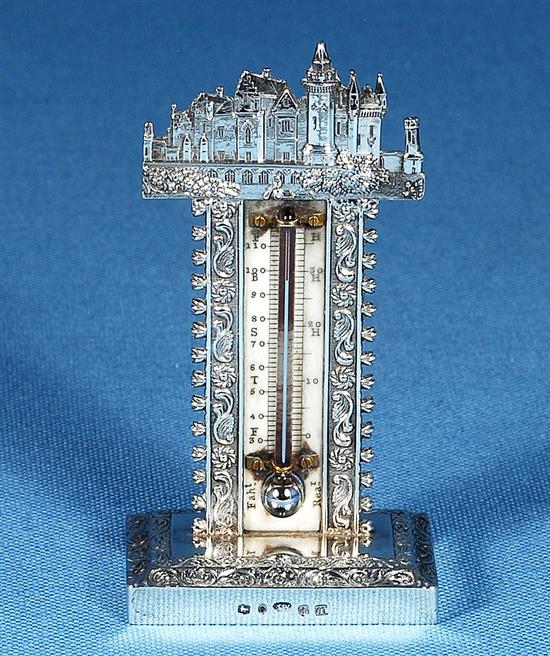 A rare William IV novelty silver castle top thermometer, by Joseph Wilmore, Height 94mm Gross weight 1oz/33grms